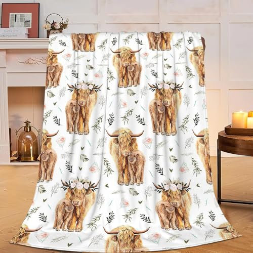 Highland Cow Print Blanket and Throws Cute Rustic Farm Animal Cow and Flowers Throw Blankets Soft Cozy Fleece Plush Warm Flannel Bedding Blanket for Girls Kids Adults Couch Travel 50x60inch