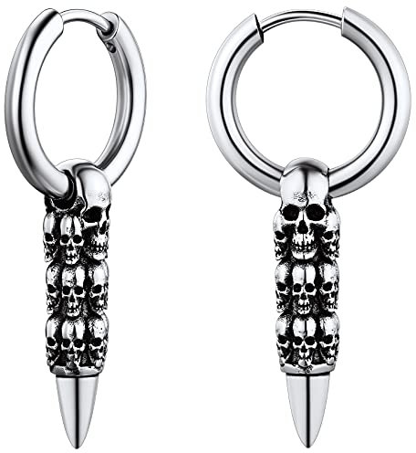 FaithHeart Edelstahl Creolen Totenkopf Ohrstecker Punk Piercing Herren Jungen Patrone Ohrschmuck Gothic Schädel Hängende Ohrring