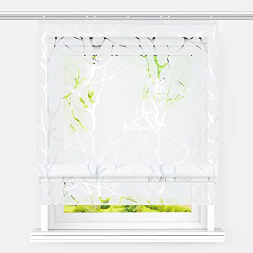 Heichkell Raffrollo mit Klettband Voile Raffgardine Ausbrenner Design Fenster Vorhang Transparent Rollos ohne Bohren Luftiger Gardinenschal Zweige Ausbrenner Weiß BxH 80x140cm