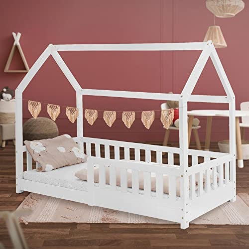 ML-Design Kinderbett 80x160 cm mit Rausfallschutz, Dach und Lattenrost, Weiß, Massivholz Kinder Bett, Hausbett für Mädchen/Jungen, Bettenhaus aus massivem Kiefernholz, Bodenbett Jugendbett Kinderhaus
