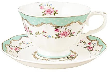 fanquare Taza de Té Verde Grande y Platillo, Taza de Café Vintage 200ml, Taza de Té Rosa Británica, Taza de Café Elegante