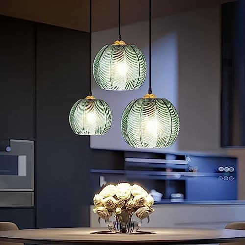 AvgnLxqe Suspension à 3 lumières, Suspension de Ferme avec Abat-Jour en Verre Vert, lumières de Barre suspendues, luminaire Suspendu réglable pour îlot de Cuisine, Salle à Manger, Chambre à Coucher
