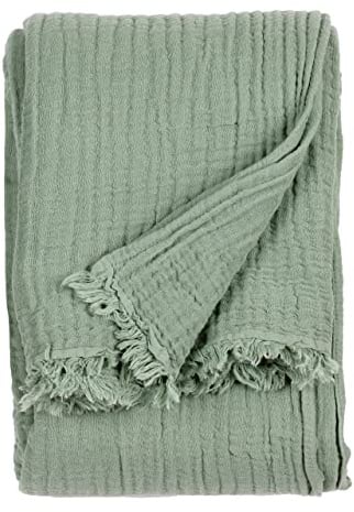 Yard furn Lark Cotton Muslin Überwurf – Weiche Knitterstruktur Decke (Eukalyptus – 240x260cm)