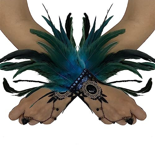 ISAKEN 1 Paar Feder Manschetten Damen Straußenfeder Federn Armband Frauen Fingerlose Handschuhe Kostümzubehör Federarmband für Halloween Game Party Kostüm Rollenspiel Party