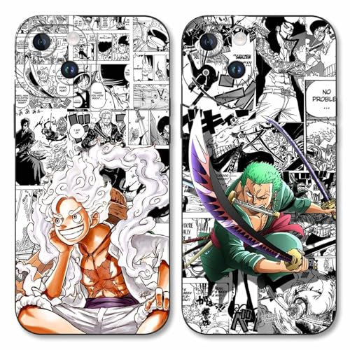 2 Stück Handyhülle für Apple iPhone 14 Hülle 6.1'' Anime Luffy Zoro Gear 5 Sun God Nika Muster Design Manga Mode Case Kameraschutz Schutzhülle Stoßfest TPU Silikon Weich Ultra Dünn Schwarz2
