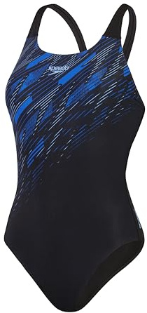 Speedo Women's Hyperboom Placement Muscleback Swimsuit | Quick Drying | Training | Fitness | Chlorine Resistant Swimwear, Black/Curious Blue/True Co, 30