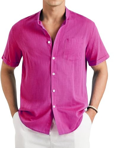 Enlision Camisa de Lino Manga Corta Camisa para Hombre Informales Sin Cuello Verano Henley Shirt Hombre Lino Algodón Magenta Rosa Fuerte con Botónes Top Playa Boda 3XL