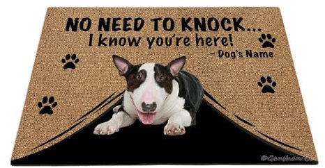 Ganshan Bi Fußmatte mit lustigem Bullterrier, personalisierbar, Aufschrift No Need to Knock I Know You're Here, Geschenk für Hundeliebhaber, 60 x 40 cm, Stil 5