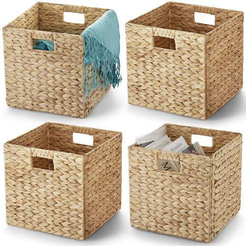BLUEWEST Lot de 4 paniers de rangement en jacinthe d'eau tissée en jacinthe d'eau pour organiser avec poignées de transport, rotin pour étagères
