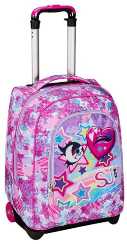 SJ GANG STYLE JAM GANG Schulranzen mit Trolleyfunktion, 2 in 1, Rucksack mit Rollen, zum ziehen ab 1. Klasse, für Schule, Gymnasium, Reisen, Freizeit, Mädchen, Mehrfarbig, rosa, Herz