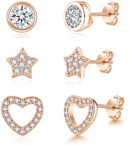 Cangall Damen Rose Gold Ohrstecker, 3 Paare 925 Sterling Silber Ohrstecker Ohrringe Set, Hypoallergene Klein Knorpel Schlafen Herz Stern Rund Ohrringe Ohrstecker Rose Gold Set für Frauen Mädchen