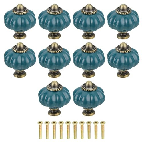 Sourcing Map 10pcs Ceramic Pumpkin Knobs, Teal Decorative Pulls, Vintage Drawer Pulls with Screws for Cabinet Drawers, Closets, Cupboards (38mm/1.5)