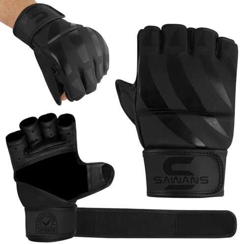 SAWANS MMA Gloves Boxing Training Sparring Fight Grappling Mitts Martial Arts Open Palm faux leather for Kickboxing Punching Bag Muay Thai Cage Fighting (Black, L)