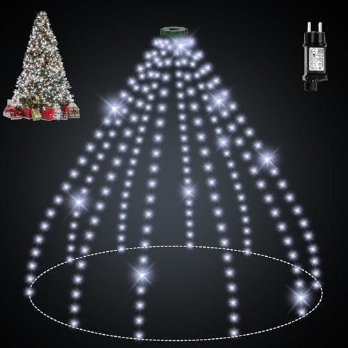 skelo Luces Arbol Navidad 400LED 2.5M*16 8 Modos IP65 Cadena de Luces para Árbol de Navidad con Anillo LED Interior Exterior blanco frío
