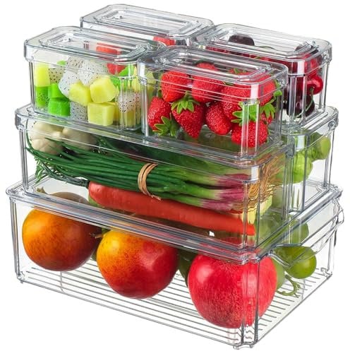 Hcojoul Fridge Organisers with Lids, Set of 7 Stackable Fridge Storage Containers, Clear Plastic Food Containers Storage Boxes for Fruits, Vegetable, Meat, Pantry, Freezer, Cupboard & Kitchen