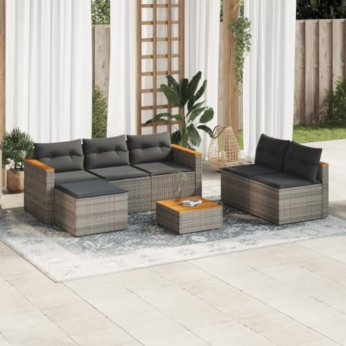 Sufrk Gartenmöbel-Set, 5-teilig, mit grauen Kissen, Polyrattan, Akazie, Loungeset aus Rattan für den Außenbereich, mit modularem Sofa