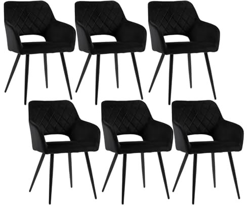 CLIPOP Esszimmerstühle, 6er Set, Polsterstühle mit Armlehnen, Metallbeine, Samtbezug, Samt Schwarz, bis 150 kg belastbar, für Arbeitszimmer, Wohnzimmer, Schlafzimmer (6er, Samt Schwarz)