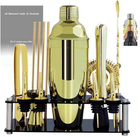 14-Piece Cocktail Shaker Set Bartender Kit with Black Stand, Bar Tool Set for Drink Mixing Bartending Kit Bar Sets Accessories: 750ml(25oz) Shaker, Jigger, Muddler, Cocktail Recipes (Gold)