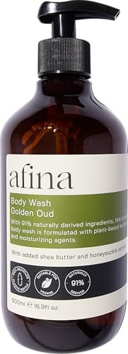 Afina Golden Oud Luxury Body Wash - 500ml Shower Gel Bottle - Sensual Blend of Spicy, Creamy Floral Notes Backed With Warm Ambery & Woody Undertones - Vegan Friendly Body Wash - UK Produced