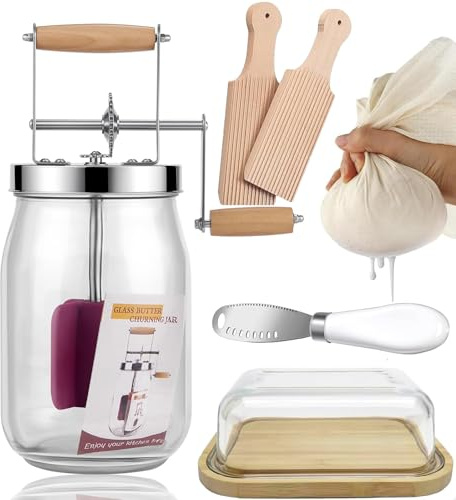 Kit Manual para Batir Mantequilla - Juego de Batir Mantequilla con Manivela de Madera y Tarro de Vidrio, Perfecto para Crema Fresca, Mantequilla Keto y Agricultura Sostenible (1,5L)