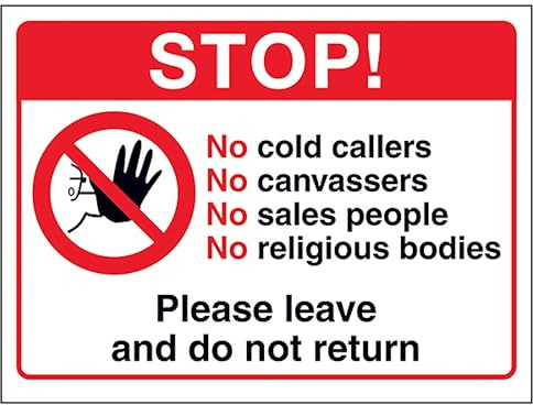 V Safety Stop! No Cold Callers, No...Please Leave and Do Not Return Hinweisschild, Hartplastik, 150 x 100 mm, 1 mm