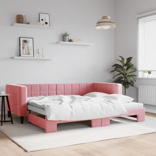 Hommdiy Tagesbett, Ausziehbar Schlafsofa, Bettsofa Gästebett für Schlafzimmer Wohnzimmer, Sofa Bett Ausziehbett,Rosa 90 x 200 cm-mit Bettkasten