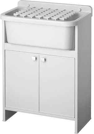 Negrari Lavadero de Resina de PVC para Ahorrar Espacio, bañera Resistente a los ácidos, Kit de desagüe Incluido, Interior y Exterior, con Rejilla, 55 x 35 x 80 cm, Blanco