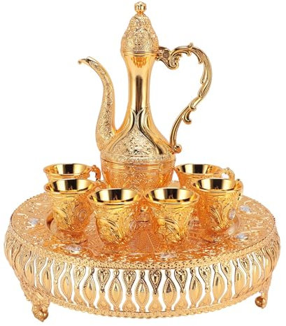 Vintage Turkish Coffee Pot and Cups Set, European Retro Exquisite Wine Pot Kit Zinc Alloy Turkish Tea Set for Tea Wine Coffee