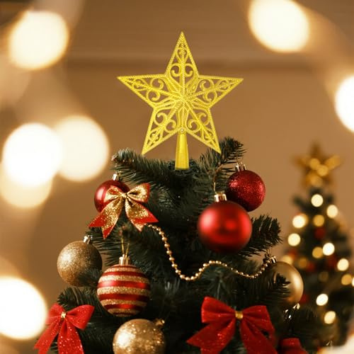 Christmas Tree Topper Star, Metal 3D Hollow Xmas Decoration Star, Vintage Lightweight Glittered Stars Tree Topper for Ornaments Christmas Home Decorations (Gold)