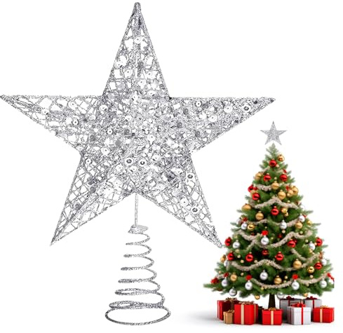 NOCHME Weihnachtsbaumspitze Stern,15 Cm Breit Extra Tief 3d-Glitzernde Christbaumspitze Weihnachten Dekoration Ornament Für Feiertage, Weihnachtsbaum, Silber