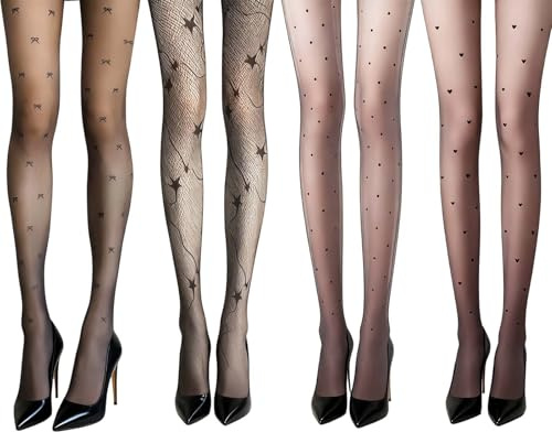pozuauoa 4 Pairs Black Funky Tights Set, Patterned Tight for Women Elastic Black Sheer Tights for Women, Fashion Tight Patterned Suitable for Themed Party Gathering Stage Performances