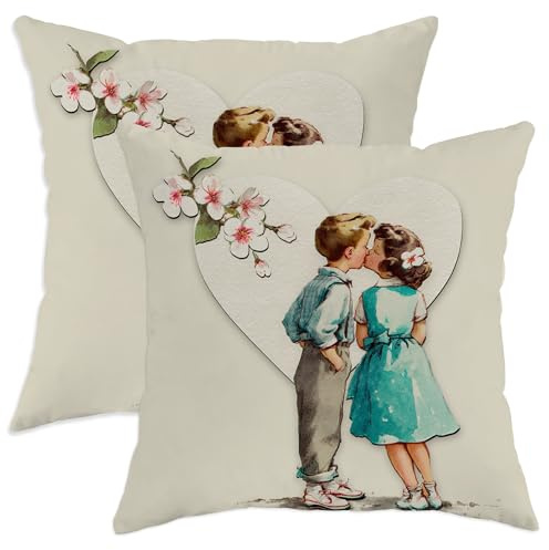 Küssende Kinder-Kissenbezüge, romantisch, nostalgisch, Kirschblüten, Herzform, weich, mit verstecktem Reißverschluss, für Wohnzimmer, Wohnung, Bett, Sofa, Dekoration, 40,6 x 40,6 cm, 2 Stück