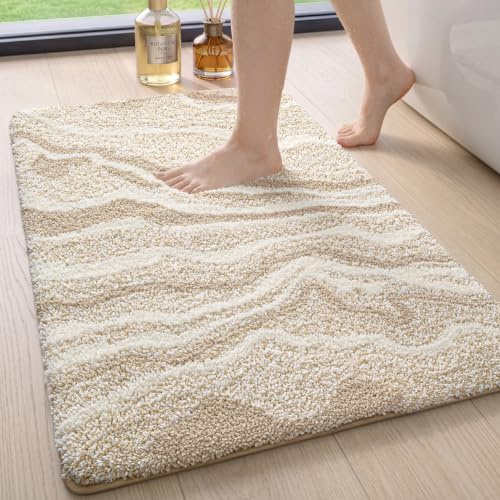 DEXI Badezimmerteppich 50 x 80 cm, Mikrofaser, Saugfähig, Beige | Weiche, dicke Badematte, rutschfest und maschinenwaschbar, saugstark, für Dusche, Badezimmer und Waschküche