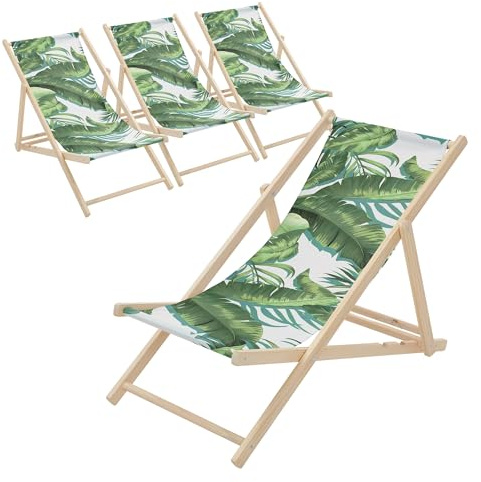ECD Germany 4er Set Liegestuhl klappbar Tropical Grün-Weiß, aus Holz, Sonnenliege mit verstellbarer Rückenlehne, Strandliege bis 120 kg, Gartenliege, Strandstuhl, Relaxliege für Garten Balkon Terrasse