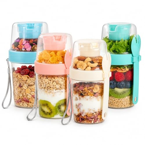 Overnight Oats Oats vasos con cuchara, taza de muesli multifuncional reutilizable para llevar con tapa, separación seca y húmeda, muesli para llevar, vasos para preparar comidas para yogur, gachas
