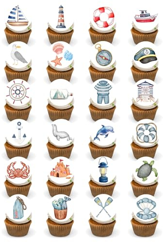 Boat Cake toppers, Edible 24pcs Rudder Anchor Boat Cake Decorations - Nautical Anchor Cupcake Toppers Sailing Sea sideTheme Cupcake Baby Shower, Birthday Party,