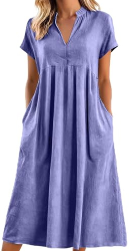 Generico Abito Donna Estivo in Cotone e Lino - Vestito Lungo Ampio con Scollo a V, Abito Casual Chic Fluido Leggero e Comodo per Mare Vacanze Quotidiano