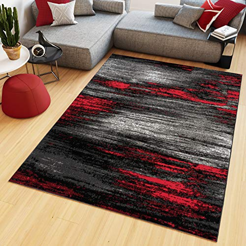 TAPISO Maya Teppich Kurzflor Schwarz Grau Rot Weiß Verwischt 180 x 250 cm | Modern Meliert Streifen Design Wohnzimmer Schlafzimmer oeko-tex
