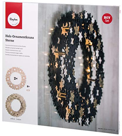 Rayher Holz Ornamentkranz Stern, FSC Mix Credit, 35cm ø, 4,8cm,10tlg.,m. Stegen, Box 1Set natur, Fensterkranz, Dekokranz, Holzkranz, 62902505