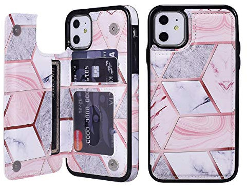 UEEBAI Case for iPhone 11 Pro 5.8, Premium PU Leather Case Geometric Marble Pattern Back Wallet Cover [Two Magnetic Clasp] [Card Slots] Stand Function Durable Shockproof Soft TPU Case - Grey & Pink