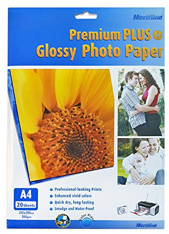 Meritline Premium Plus Fotopapier A4, glänzend, 40 Blatt, wasserfest, kompatibel mit Tintenstrahldruckern, 21 x 29,7 cm, Grammatur 200 g/m², Weiß, 40 Stück