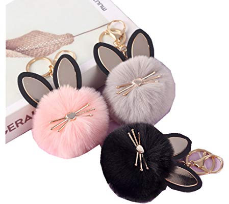 Freesom Lot de 3 Porte Clé Clef Femme Pompon Poil Homme Enfant Pendentif Chat Kawaii Peluche Artificiel Or Original Chic Fantaisie Accessoire de Sac Décoration Voiture Cadeau Pas Cher Noir