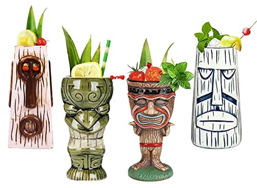 Tiki Mugs Cocktail, Tiki - Tasse en céramique hawaïenne, verres à cocktail exotiques Pour cocktail hawaïen Tiki Bar professionnel Hawaiian Party Barware,Q9