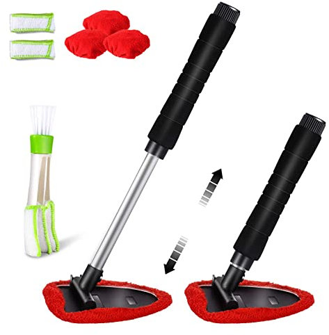 Masthome Nettoyant pour Pare-Brise, Brosse de Nettoyage de Pare-Brise avec Manche Télescopique et Brosse de Nettoyage à Double Tête pour Grille D'aération de Voiture, 3 Housses Microfibres inclues