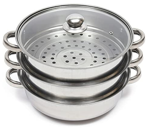 Futchoy Edelstahl Dampfgarer mit Glasdeckel 3 Etagen Dampfkocher Ø 28 cm Dämpfer für Induktionsherd Spülmaschinenfest Kochtopf Suppentopf