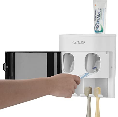 Linkidea Toothbrush Holder with 2 Toothpaste Squeezer, 4 Slot Plastic Brush Hanger for Shower Bathroom, Wall Mount Dispenser Compatible with Oral-B CrossAction, Colgate Extra Clean