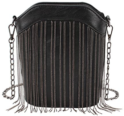 MEGAUK Mini Niet Handtasche Kette Fransen Umhängetasche Cross Body Taschen Elegante Kettentasche Punk Clutch Bag Abendtasche mit Kette Riemen (Schwarz)