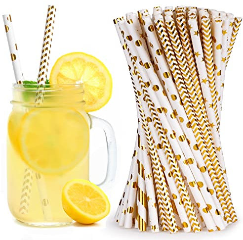 Vicloon Strohhalme Papier, Biologisch Abbaubare Trinkhalme, Bronzing Gold für Partys, Hochzeiten und Anlässe, 100 Stück
