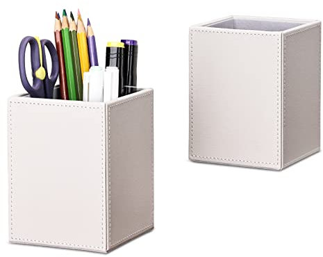 GORESE Quadratischer Leder Stiftehalter, Stifteköcher Schreibtisch Organizer Stiftebox Bleistifthalter Füllfederhalter Pinselhalter Organizer für Büro, Schule, Haushalt und Kinder 2 Stück (Weiß)