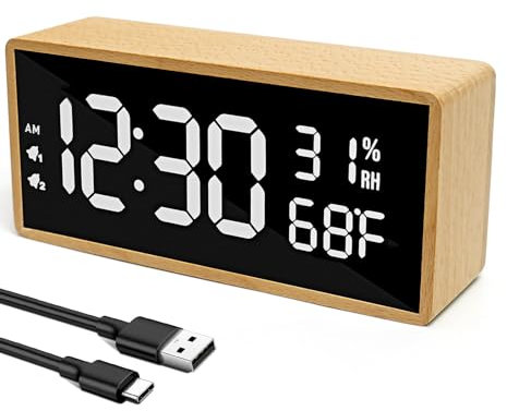 hinrey Digitaler Wecker,Tischuhr Holzoptik mit Große LED Temperaturanzeige, 7 Helligkeit und Lautstärke Regelbar, Snooze, mit 2 Alarmen, 12/24HR (Buchenholz/Quader)